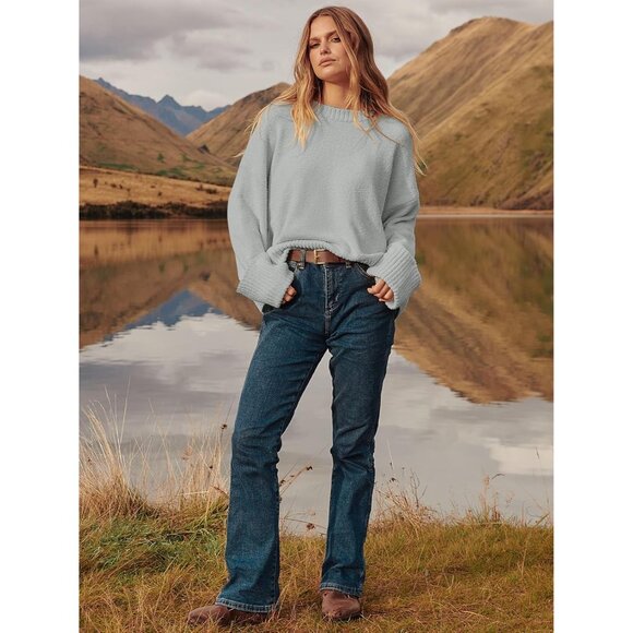 Women's Oversized Sweater Fuzzy Light Grey Long Sleeve Casual Chunky Pullover - Picture 7 of 8